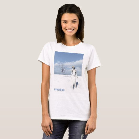 Winter Greetings. Female elf walking in the snow T-shirt (Voorkant volledig)