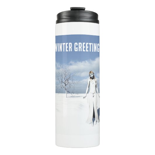 Winter Greetings. Female elf walking in the snow  Thermosbeker (Voorkant)