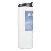 Winter Greetings. Female elf walking in the snow  Thermosbeker (Gedraaid links)