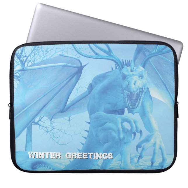Winter Greetings. Ice dragon with antlers Laptop Sleeve (Voorkant)