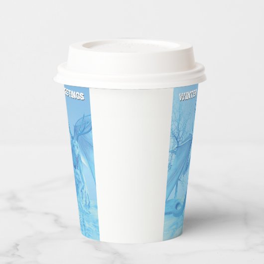 Winter Greetings. Ice dragon with antlers Papieren Bekers (Links)