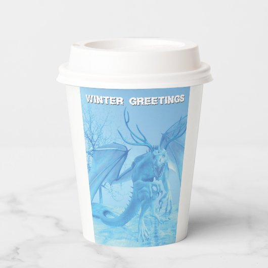 Winter Greetings. Ice dragon with antlers Papieren Bekers (Achterkant)