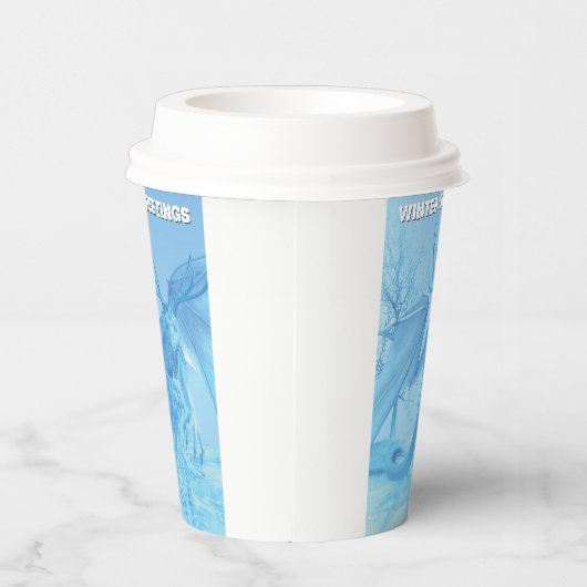 Winter Greetings. Ice dragon with antlers Papieren Bekers (Rechts)