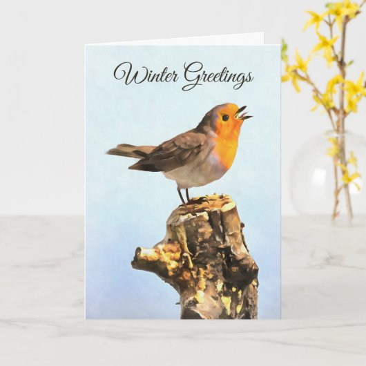 Winter Greetings. Robin singing  Kaart (Gele Bloem)