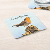 Winter Greetings. Robin singing Kartonnen Onderzetters (Schuin)