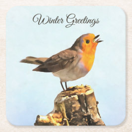 Winter Greetings. Robin singing Kartonnen Onderzetters