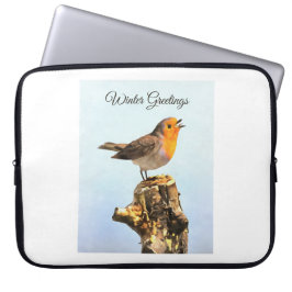 Winter Greetings. Robin singing  Laptop Sleeve