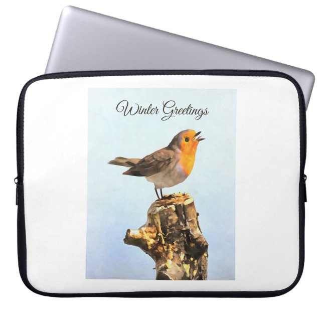Winter Greetings. Robin singing  Laptop Sleeve (Voorkant)