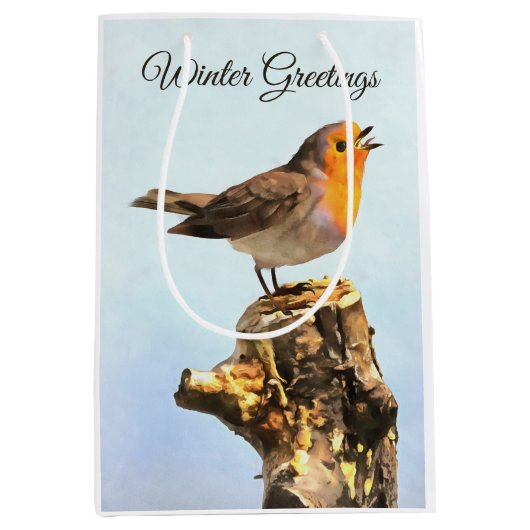 Winter Greetings. Robin singing  Medium Cadeauzakje (Voorkant)