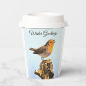 Winter Greetings. Robin singing Papieren Bekers (Achterkant)