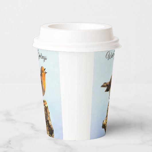 Winter Greetings. Robin singing Papieren Bekers (Rechts)