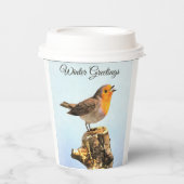 Winter Greetings. Robin singing Papieren Bekers (Voorkant)