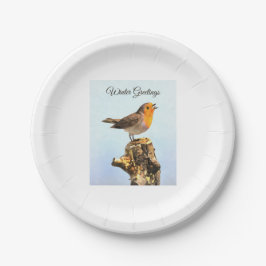 Winter Greetings. Robin singing  Papieren Bordje