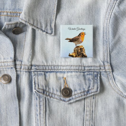 Winter Greetings. Robin singing  Vierkante Button 5,1 Cm (In situ)