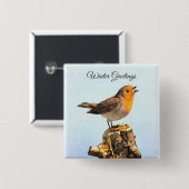Winter Greetings. Robin singing  Vierkante Button 5,1 Cm (Voorkant /achterkant)