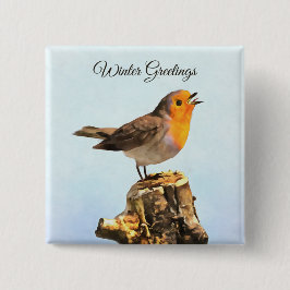 Winter Greetings. Robin singing  Vierkante Button 5,1 Cm