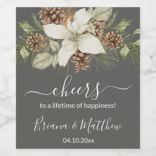 Winter Grijs Elegant Script Bruiloft Wijn Etiket (Enkel label)