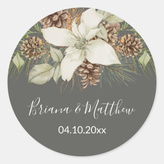 Winter Grijs Elegant Script Wedding Envelope Seal Ronde Sticker (Voorkant)