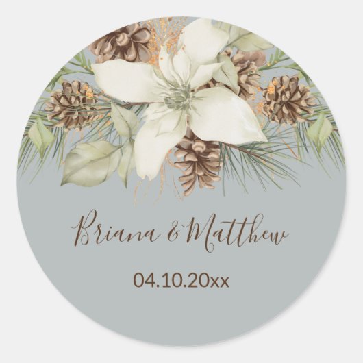 Winter Grijze Elegante Script Huwelijksenvelopzege Ronde Sticker (Voorkant)