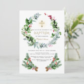 Winter groen Berry Cone Gold Cross Doop Kaart (Staand voorkant)