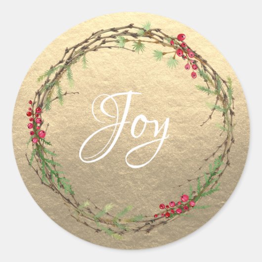 Winter groen bessen krans kerst vreugde goud ronde sticker (Voorkant)