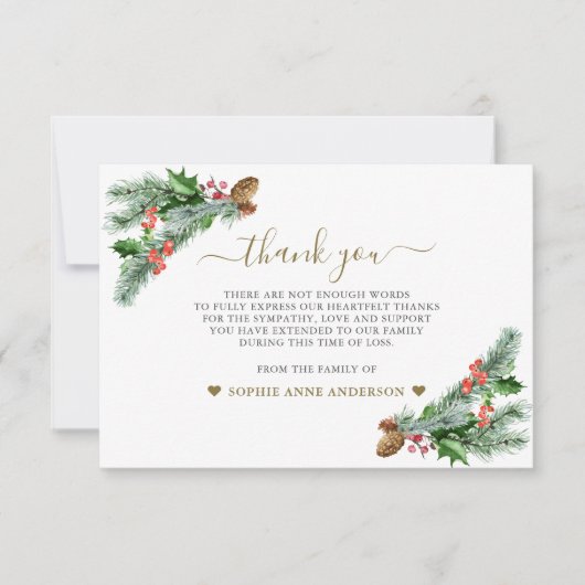 Winter groen boeket foto in liefdevolle herinnerin bedankkaart (Voorkant)