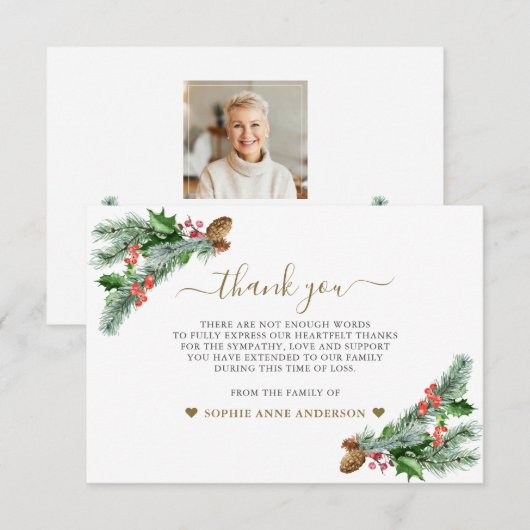 Winter groen boeket foto in liefdevolle herinnerin bedankkaart (Voorkant / Achterkant)