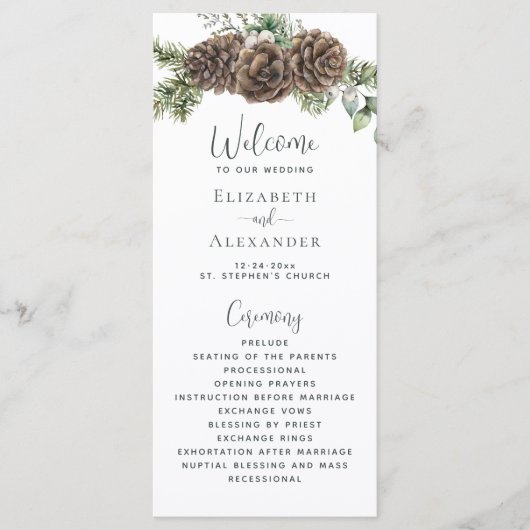 Winter groen dennenappel bruiloft programmakaart (Voorkant)