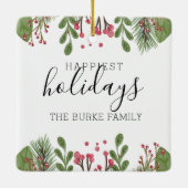 Winter groen gebladerte gepersonaliseerd keramisch ornament (Achterkant)