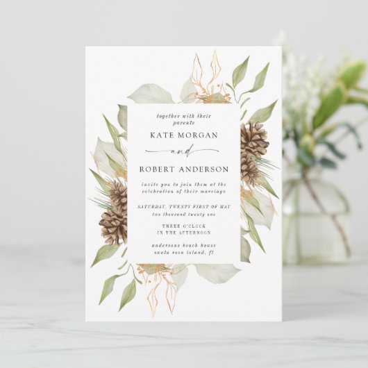 Winter groen gouden elegante bruiloft uitnodigen kaart (Staand voorkant)