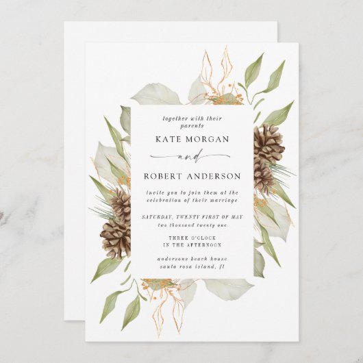 Winter groen gouden elegante bruiloft uitnodigen kaart (Voorkant / Achterkant)