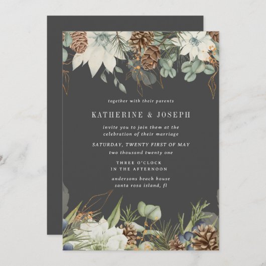 Winter groen gouden elegante bruiloft uitnodigen kaart (Voorkant / Achterkant)