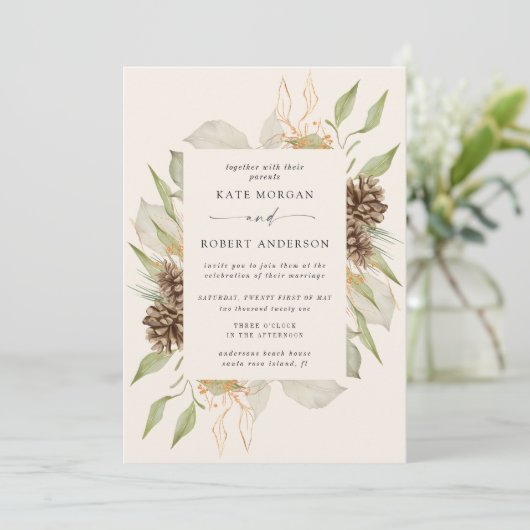 Winter groen gouden elegante bruiloft uitnodigen kaart (Staand voorkant)