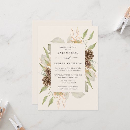 Winter groen gouden elegante bruiloft uitnodigen kaart (Voorkant / Achterkant in situ)