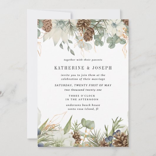 Winter groen gouden elegante bruiloft uitnodigen kaart (Voorkant)