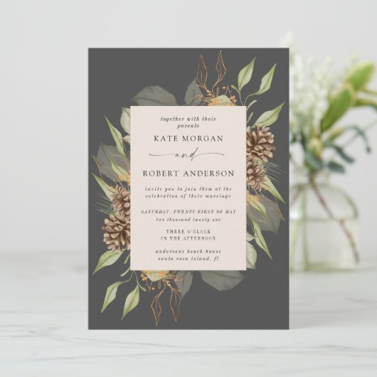 Winter groen gouden elegante bruiloft uitnodigen kaart (Staand voorkant)