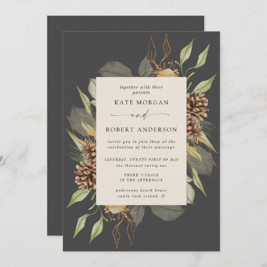 Winter groen gouden elegante bruiloft uitnodigen kaart (Voorkant / Achterkant)