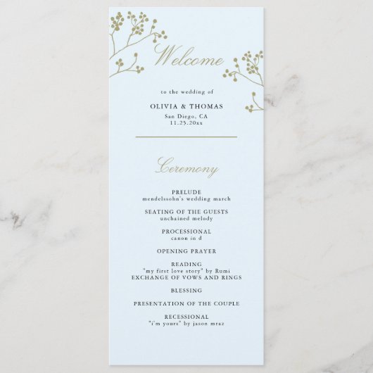 Winter groen ijs blauw goud elegante trouwdag programmakaart (Voorkant)