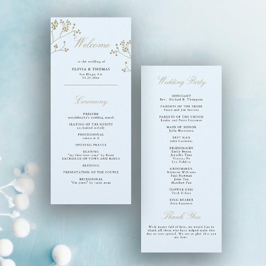 Winter groen ijs blauw goud elegante trouwdag programmakaart