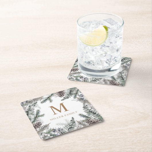 Winter groen rood vakantie monogram kartonnen onderzetters (Insitu)