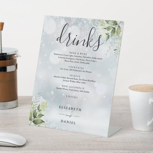 Winter groen wedding drankjes menu reclamebord met voetstuk (Insitu)