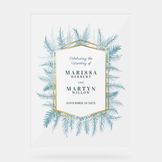 Winter groenblijvende blauwe sparren kunst bruilof acryl bord (Voorkant)