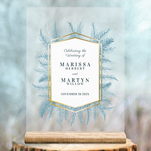 Winter groenblijvende blauwe sparren kunst bruilof acryl bord