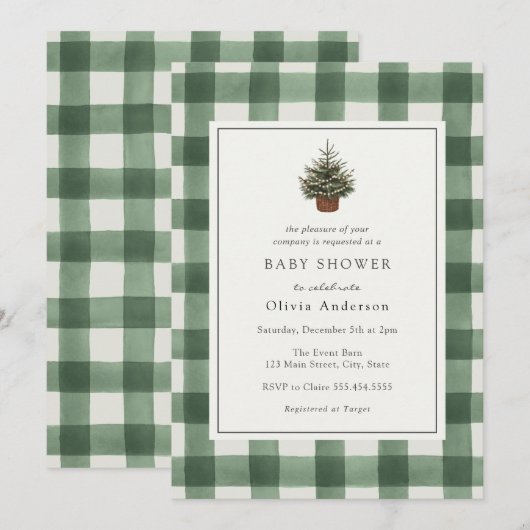 Winter groenblijvende boom groene ruit baby shower kaart (Voorkant / Achterkant)