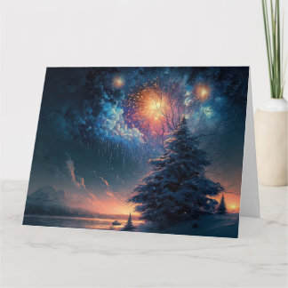 Winter groene boom & Vuurwerk Kaart