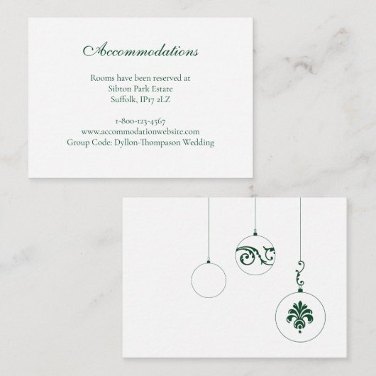 Winter Groene Kerstmis Bauble Accommodatie Informatiekaartje (Voorkant / Achterkant)