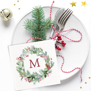 Winter groene krans monogram papier servet