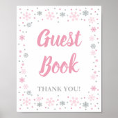 Winter Guest Book Sign Pink & Silver Snowflakes Poster (Voorkant)