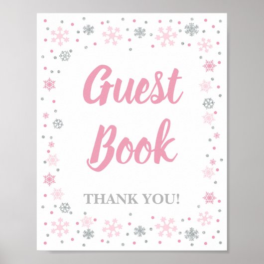 Winter Guest Book Sign Pink & Silver Snowflakes Poster (Voorkant)