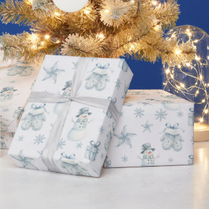 Winter Handschoenen & Sneeuwman Blauw Kerstcadeau Cadeaupapier